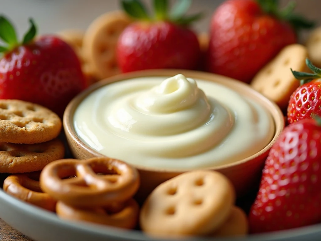 Fresh fruit, cookies, pretzels, and pound cake served with cheesecake dip