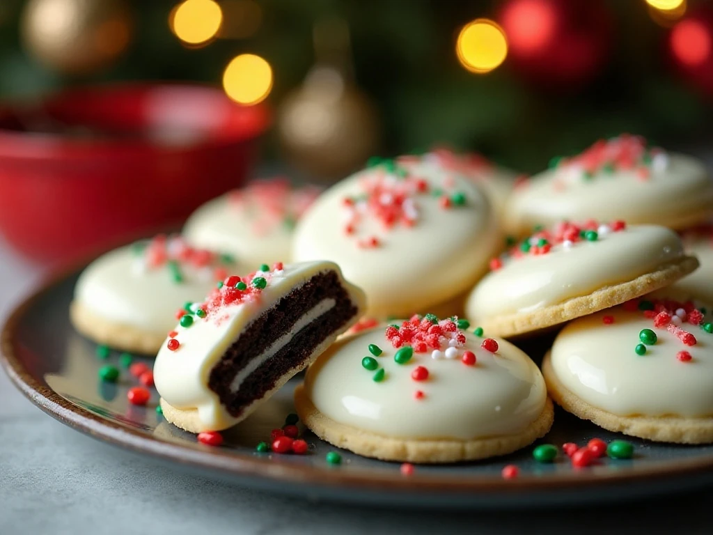 Festive white chocolate covered Oreos arranged on a Christmas dessert platter