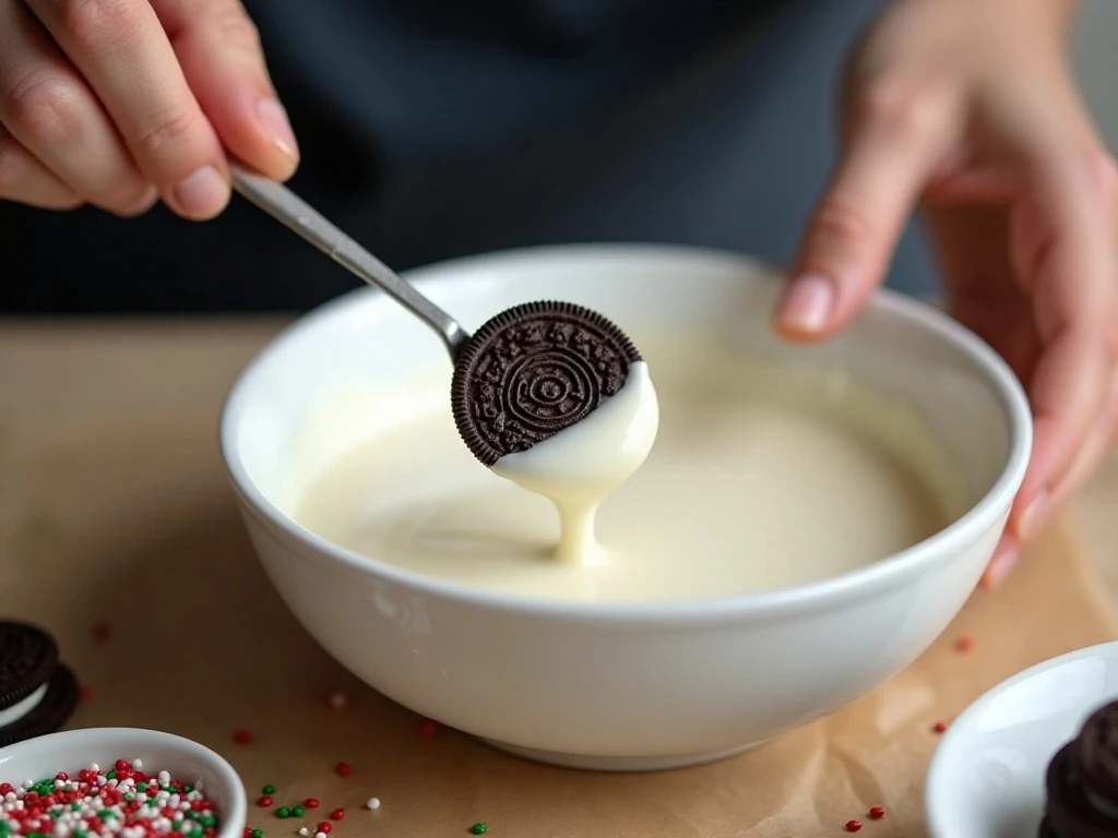 Oreo cookie being dipped into melted white candy coating
