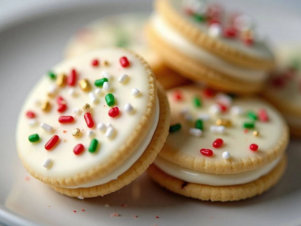 Close-up of smooth Christmas Oreo coating and festive sprinkles