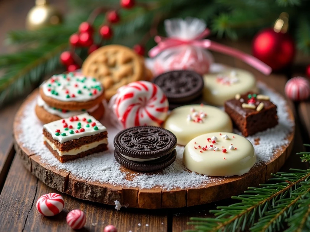 Christmas dessert board with white chocolate covered Oreos and holiday treats