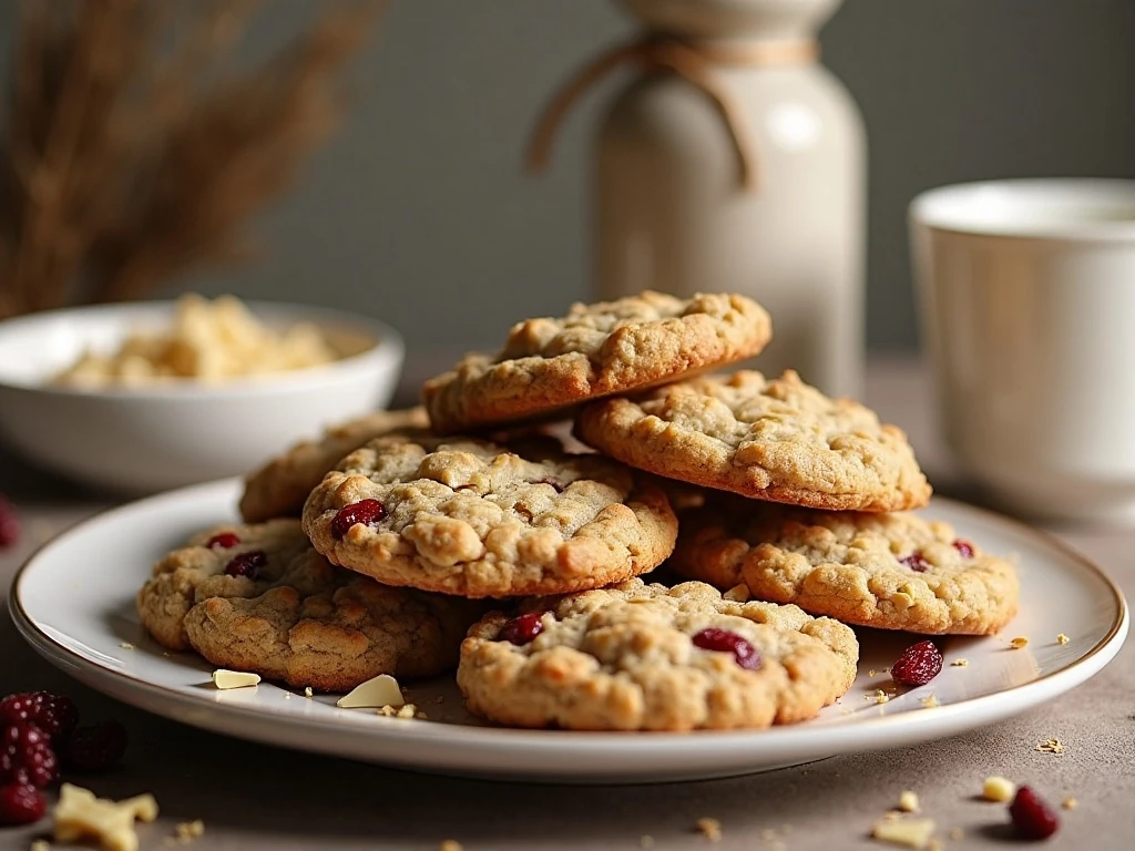 Stacked white chocolate cranberry oatmeal cookies on a plate