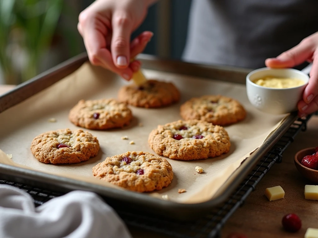Freshly baked chewy cranberry oatmeal cookies cooling