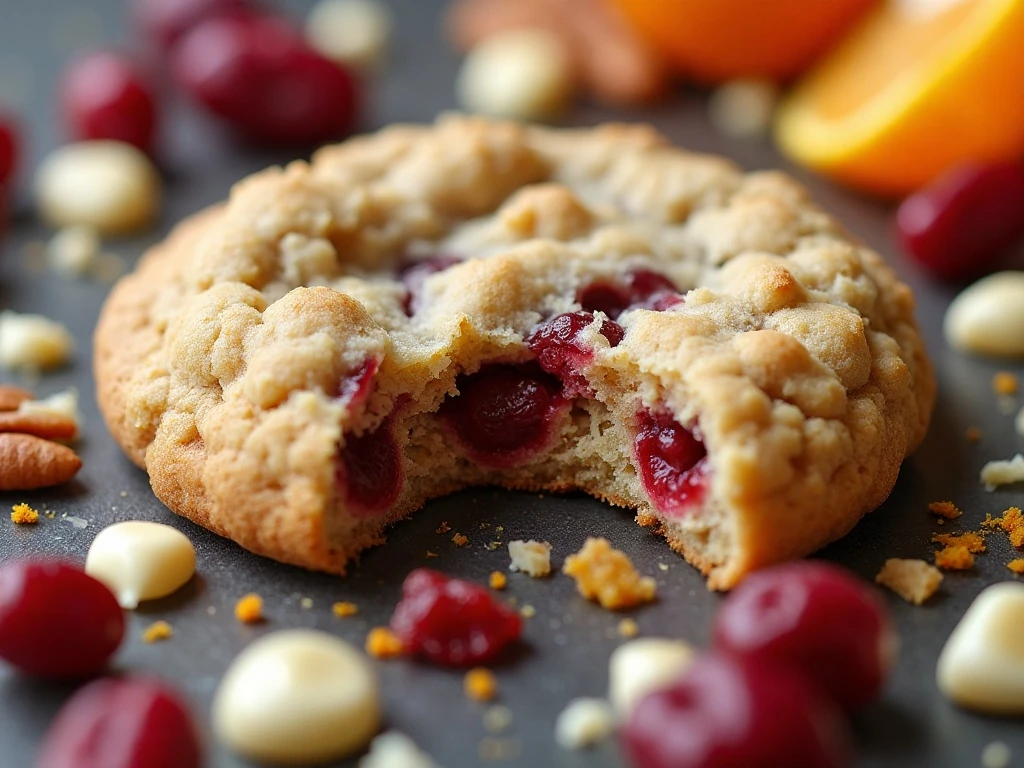 Close-up chewy oatmeal cookie with cranberry and white chocolate