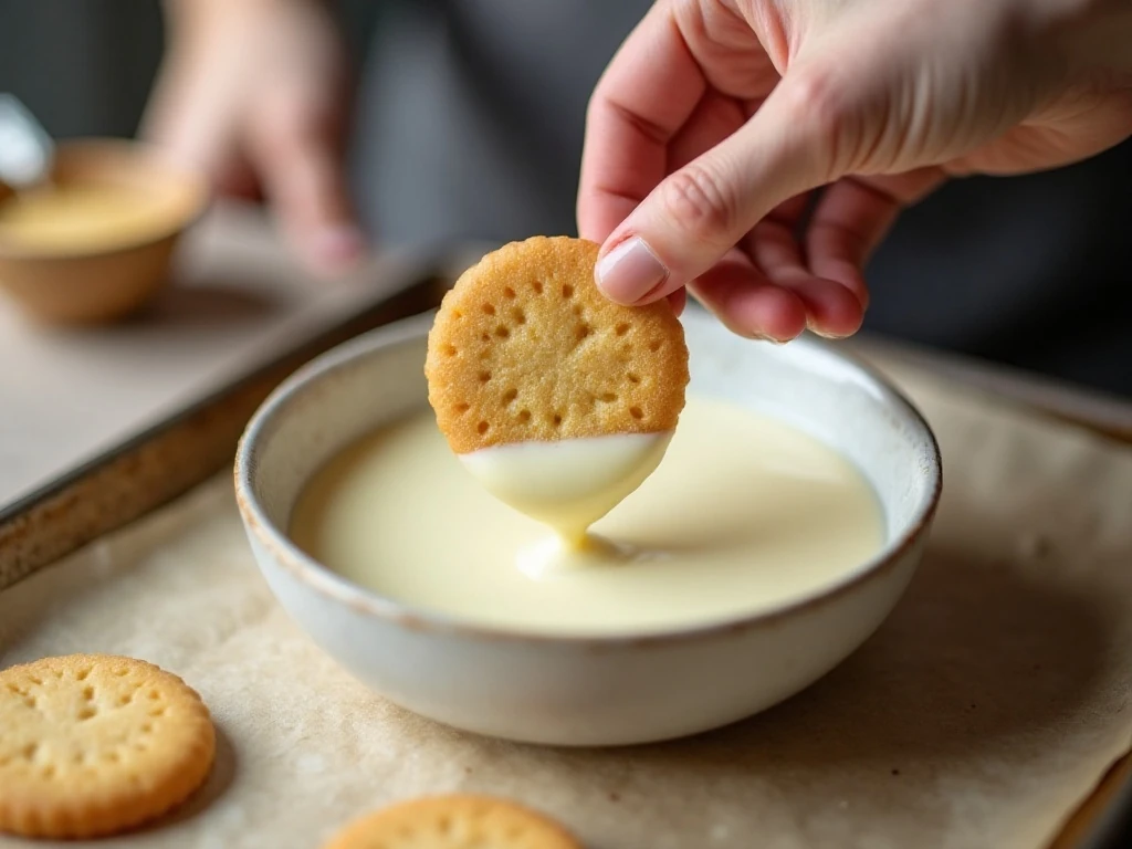 Partially dipping a vanilla sugar wafer in melted white chocolate