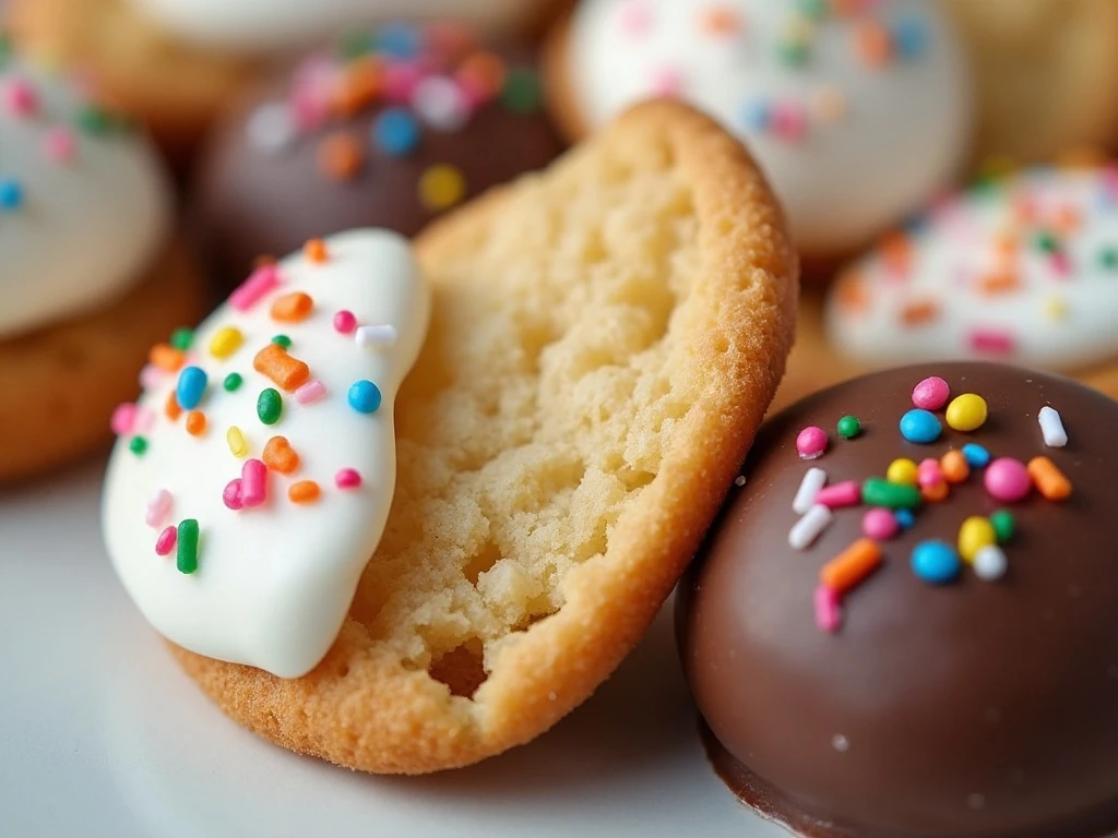 Close-up of sprinkle-decorated white chocolate dipped wafers