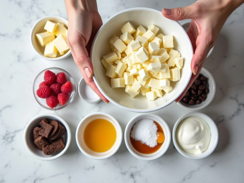 Ingredients for creamy white chocolate mini cheesecakes