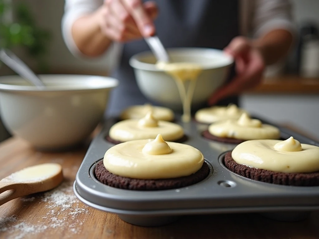 White chocolate cheesecake batter filling the muffin pan