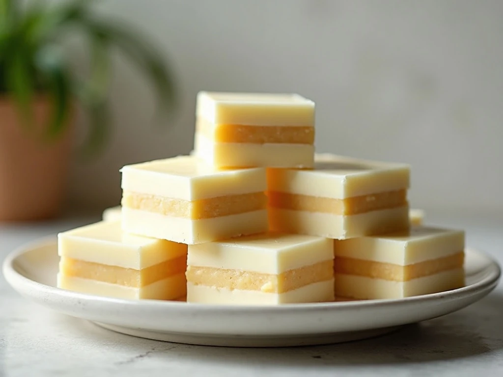 Stacked white chocolate Nanaimo bars showing three distinct layers