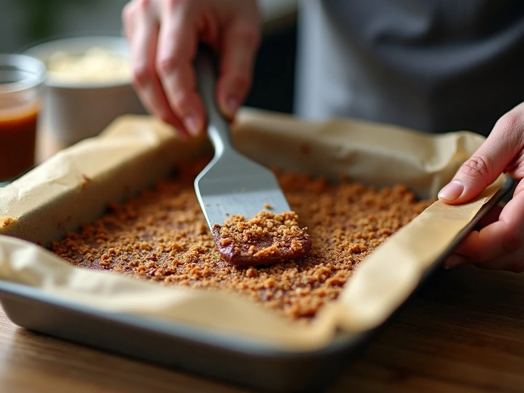 Pressing the chocolate coconut Nanaimo bar base into a lined pan