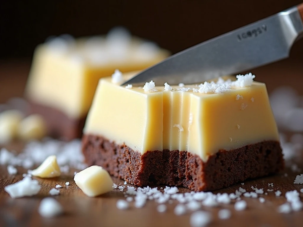 Cleanly sliced white chocolate Nanaimo bar with visible layers