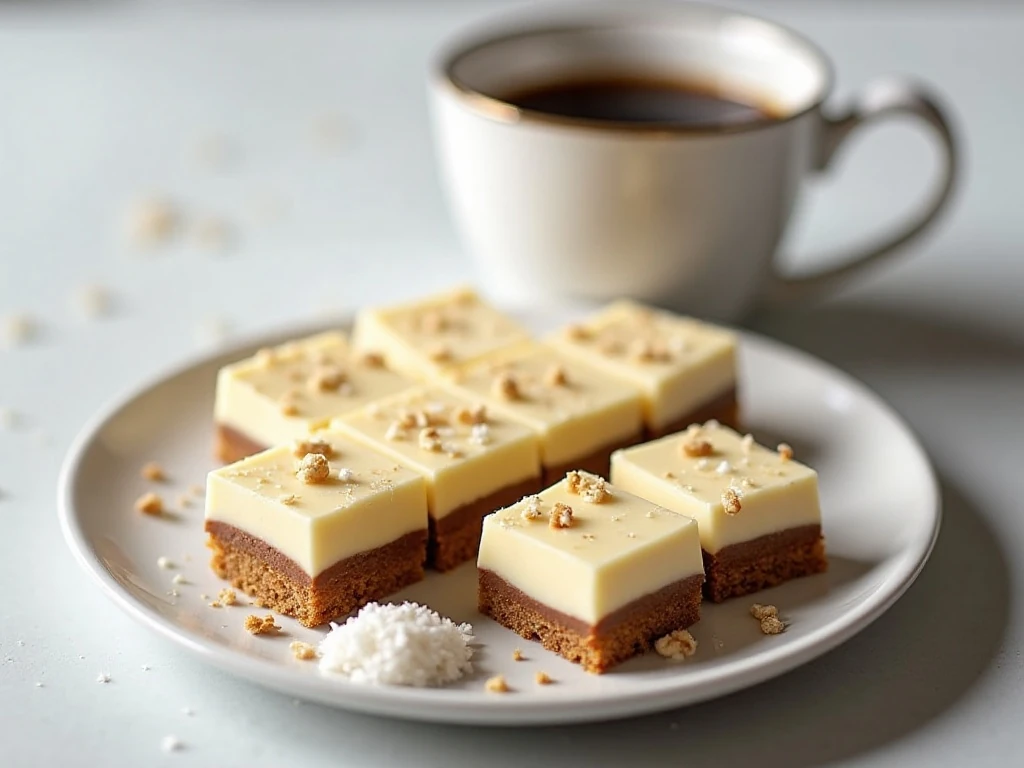 White chocolate Nanaimo bars served on a dessert platter with coffee