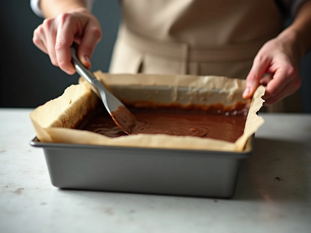 Spreading smooth fudge mixture in a lined square pan