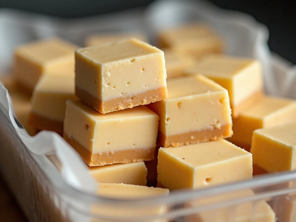 White chocolate peanut butter fudge stored in an airtight container