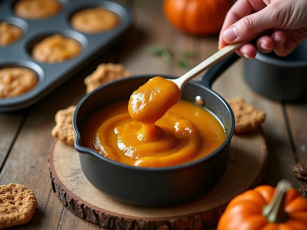 Thick pumpkin pie filling cooking in a saucepan