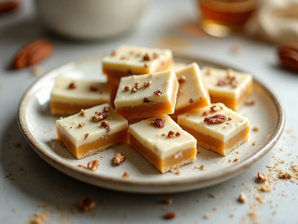White chocolate toffee pieces arranged on a serving platter
