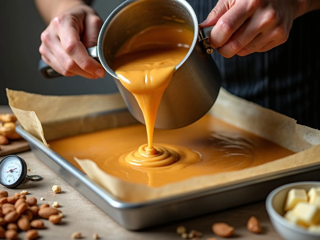 Pouring hot toffee into a parchment-lined baking pan