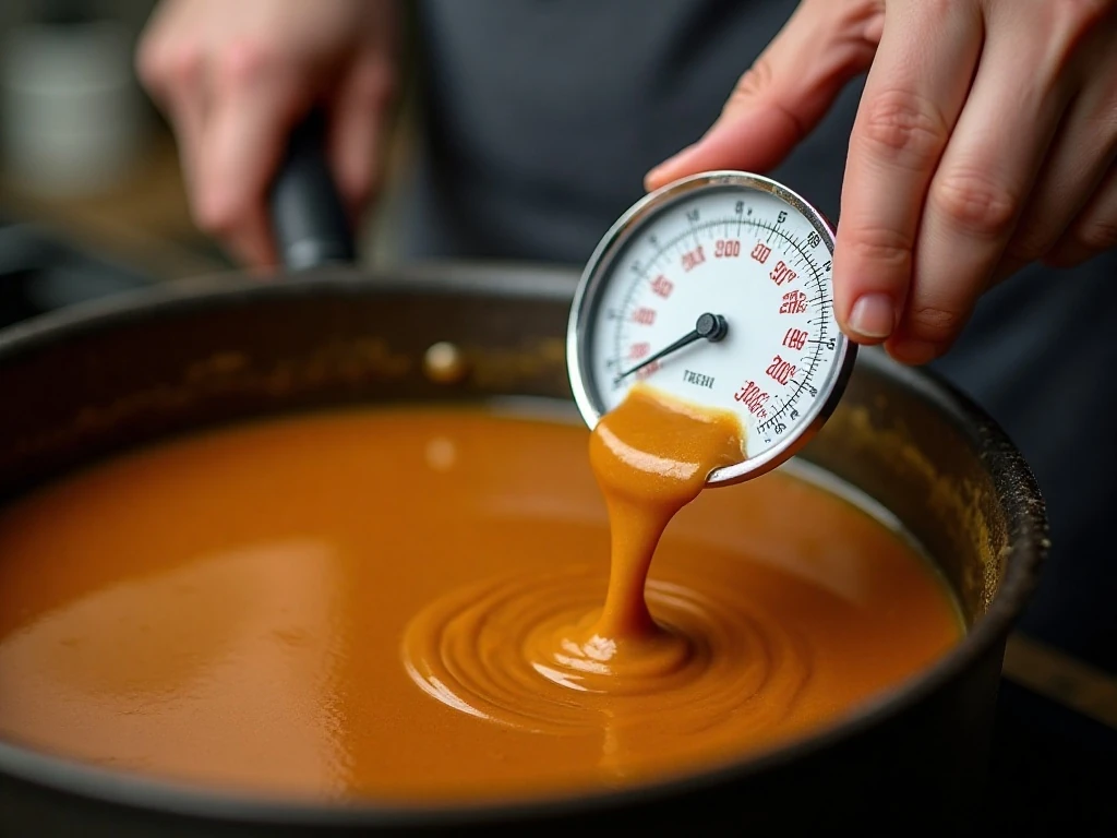 Candy thermometer showing hard-crack stage for toffee