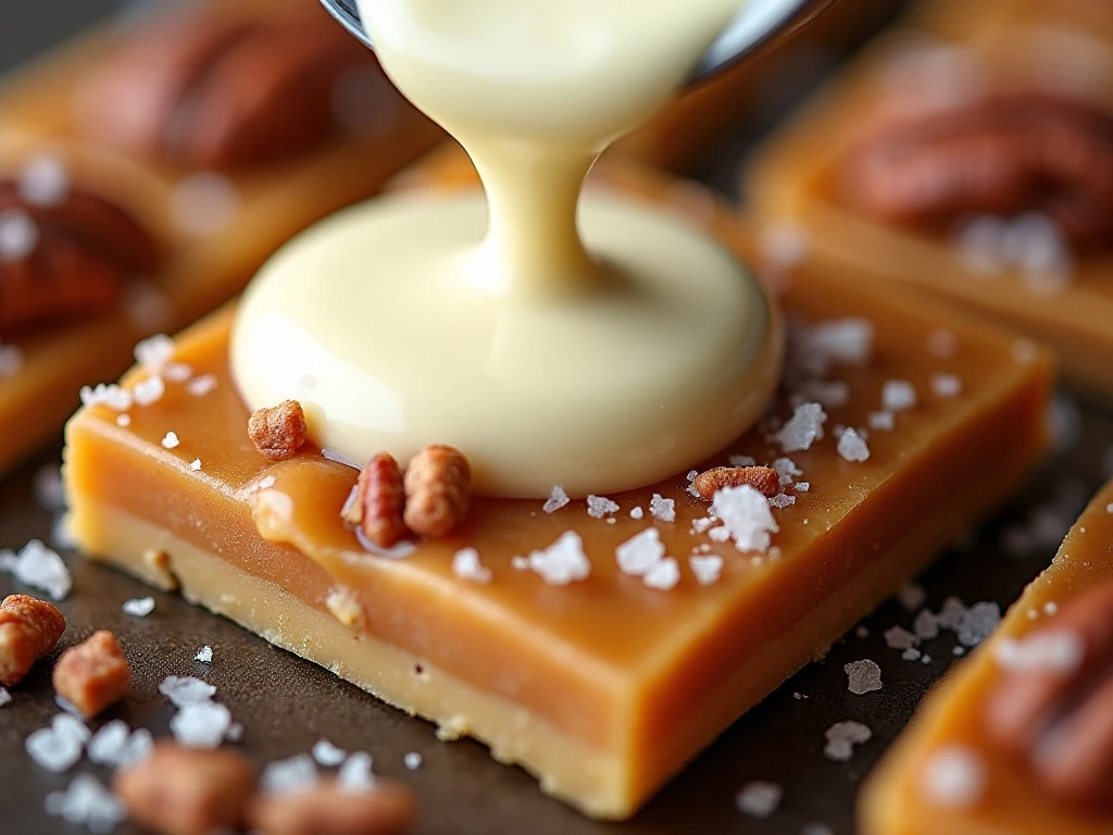 White chocolate, chopped nuts, and sea salt topping on toffee