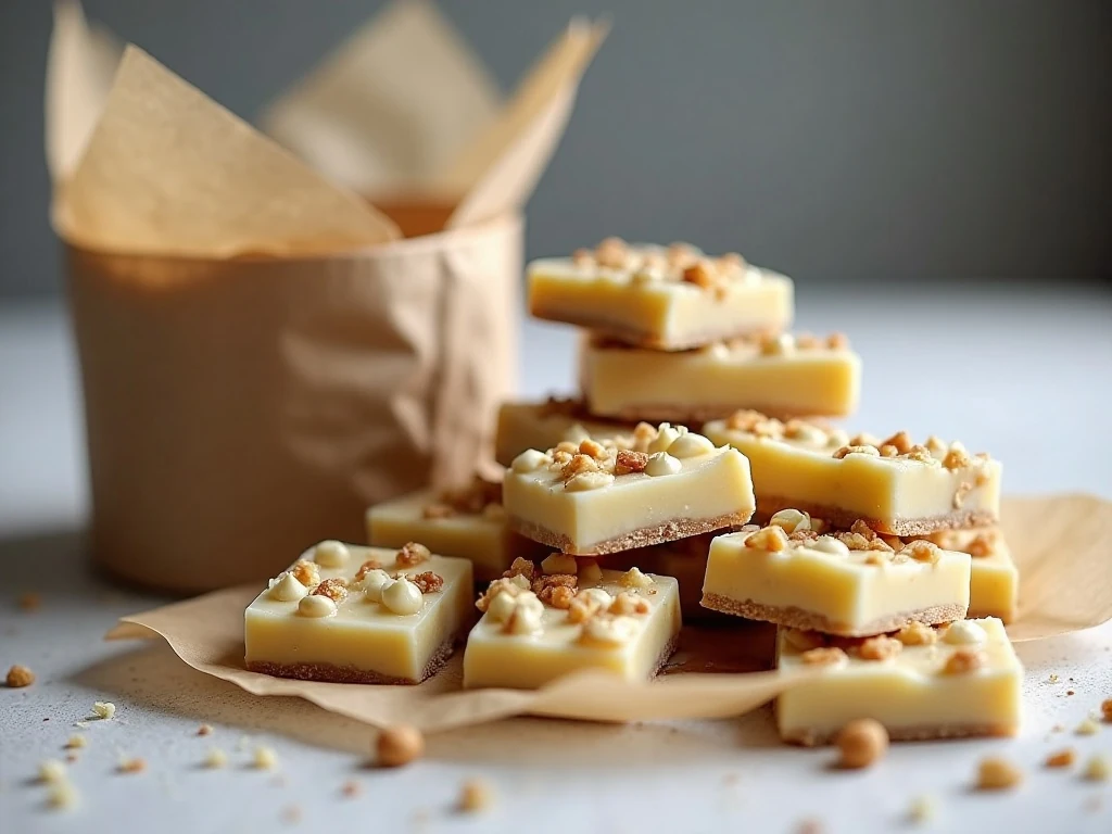 Stored and cut pieces of homemade white chocolate toffee