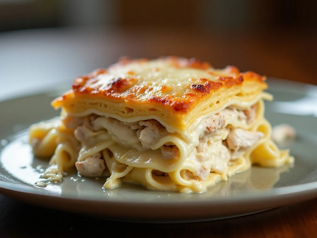 Slice of creamy white sauce chicken lasagna showing layered noodles and cheese