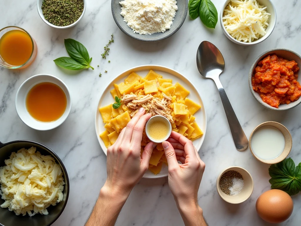 Ingredients for creamy white sauce lasagna arranged on a countertop
