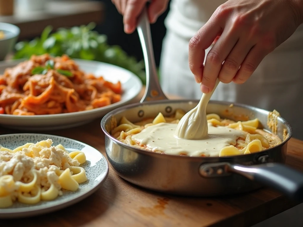 Preparing creamy white sauce and lasagna ingredients for layering