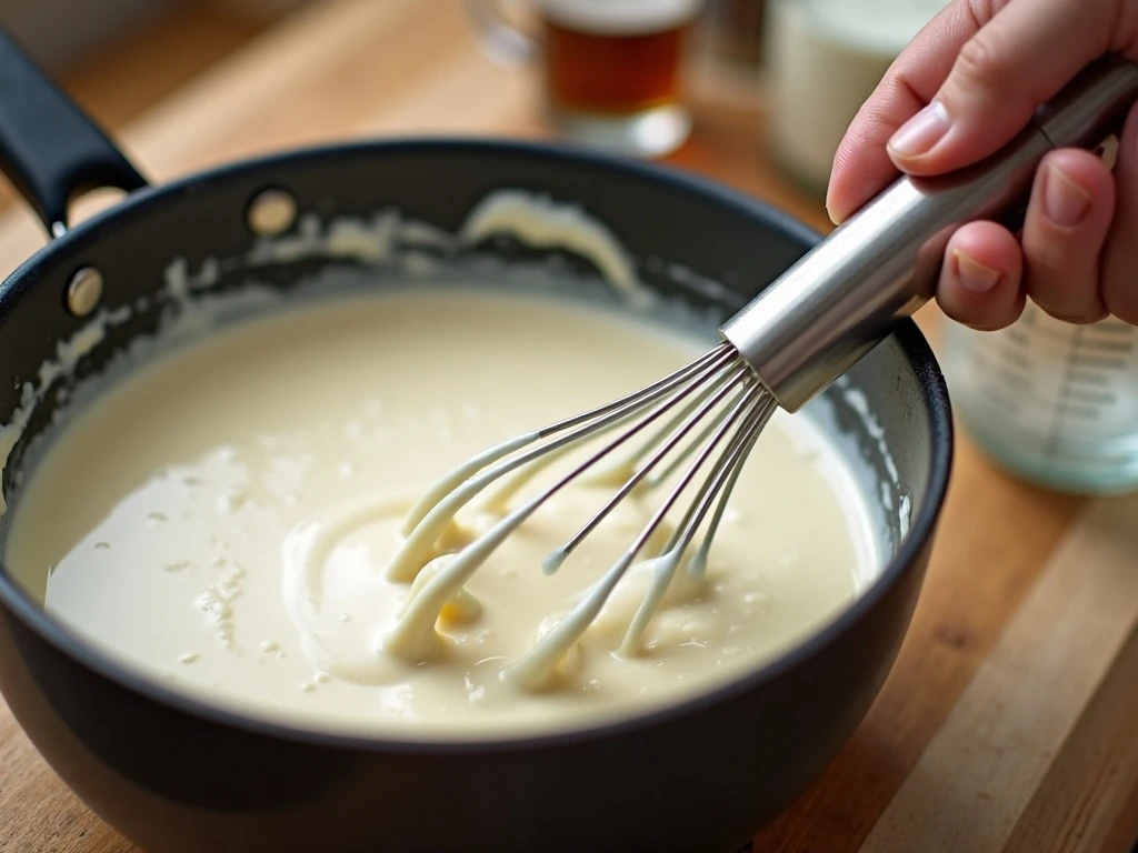 Smooth lump-free white sauce being whisked for lasagna
