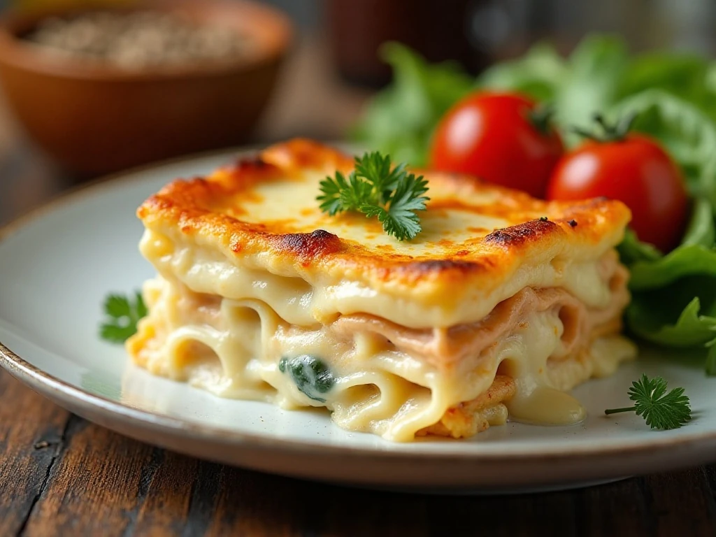 Creamy white lasagna served with fresh salad and vegetables