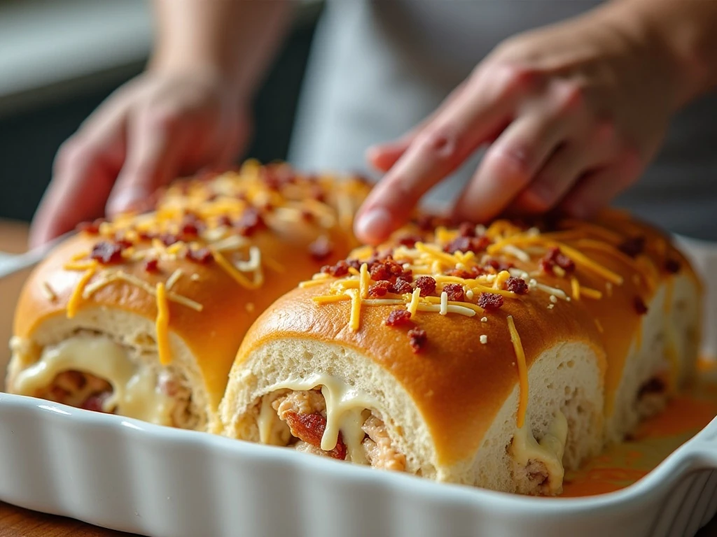 Chicken slider filling spread over Hawaiian rolls