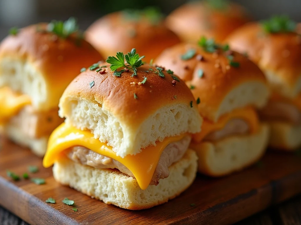 Garlic butter slider tops with parsley and melted cheese