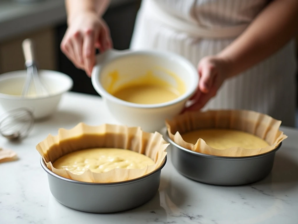 White velvet cake batter divided between prepared cake pans