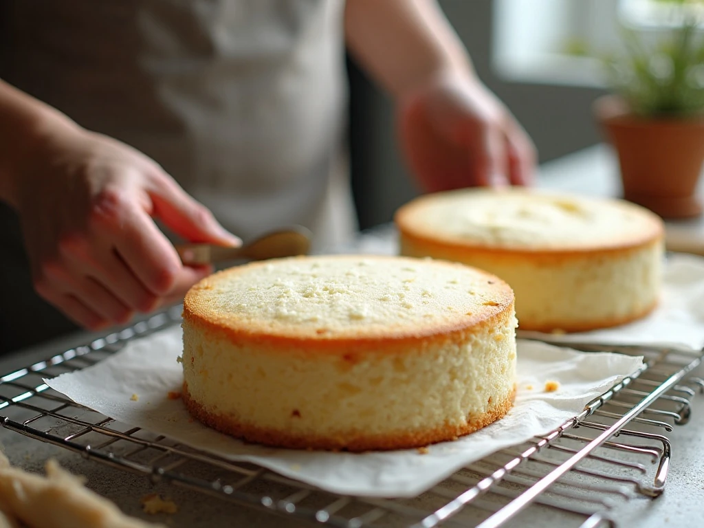 Freshly baked white velvet cake layers cooling on a rack