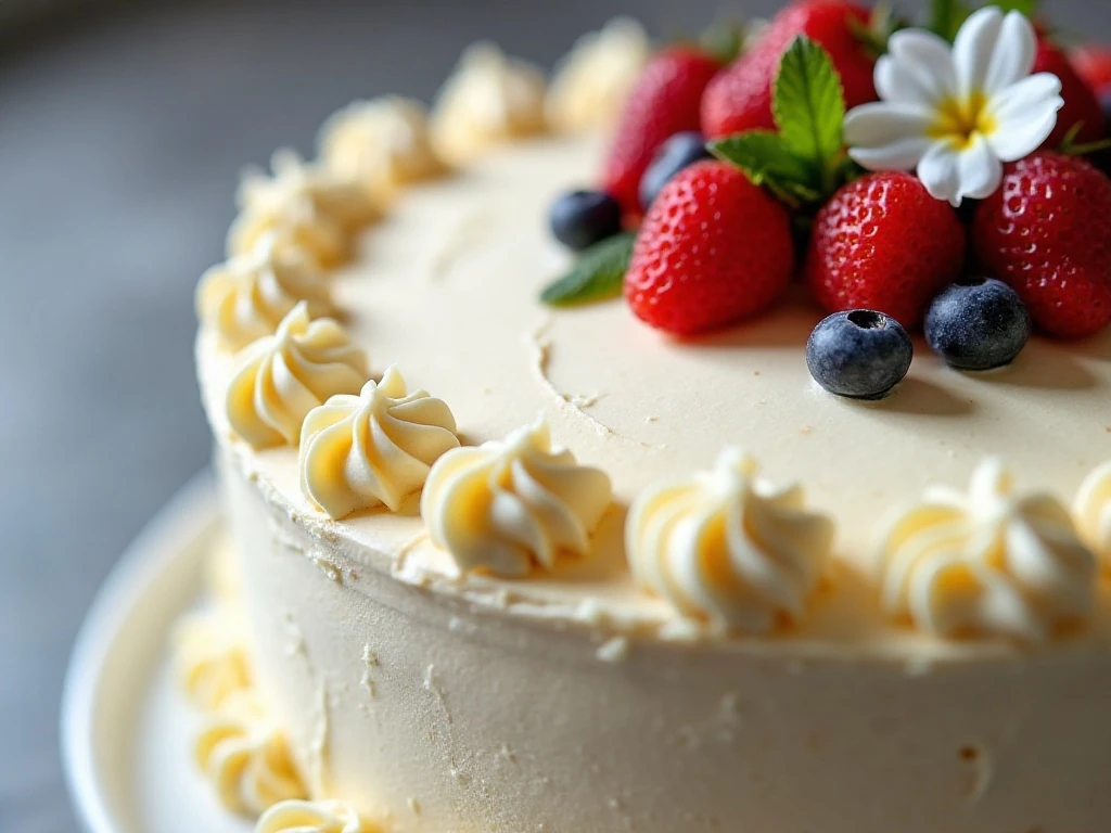 White velvet cake decorated with buttercream and delicate garnishes