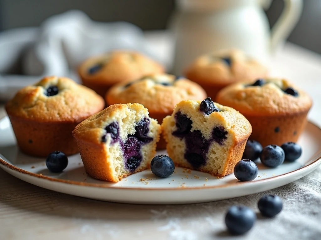 Healthy whole wheat blueberry muffins arranged on a breakfast table