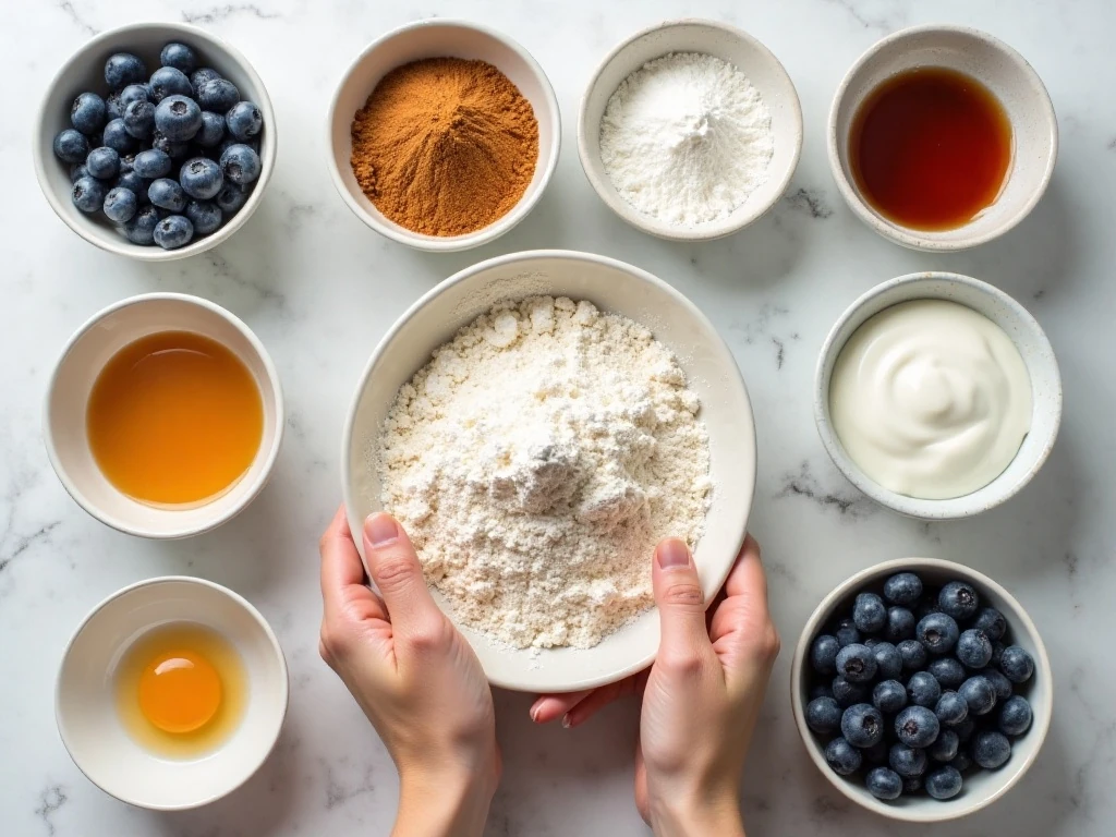 Ingredients for healthy whole wheat blueberry muffins