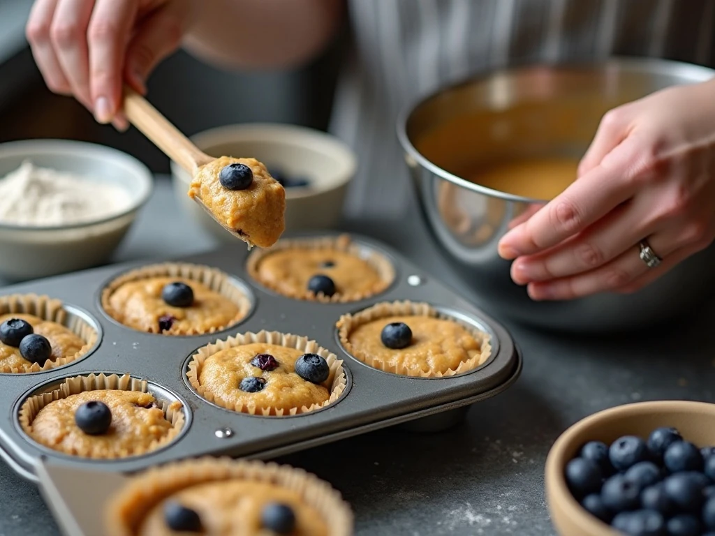 Folding blueberries into whole wheat muffin batter