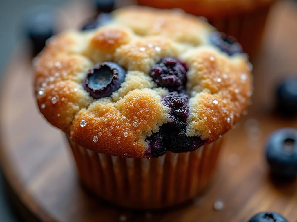 Close-up of a tender blueberry muffin with coarse sugar topping