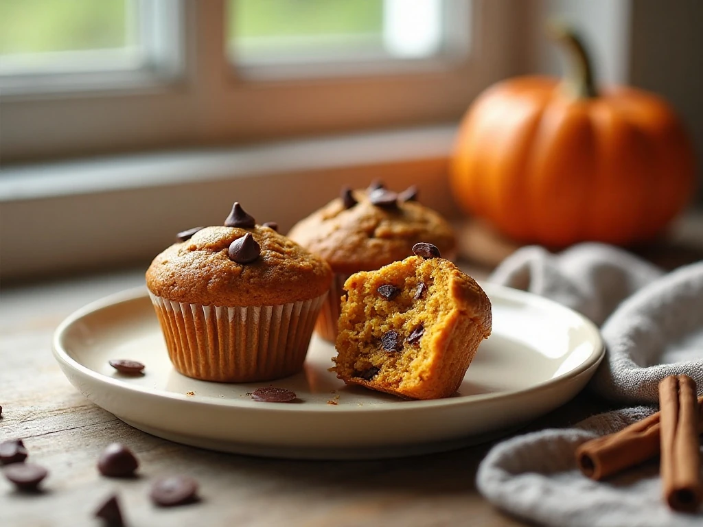 Whole wheat pumpkin chocolate chip mini muffins arranged for breakfast