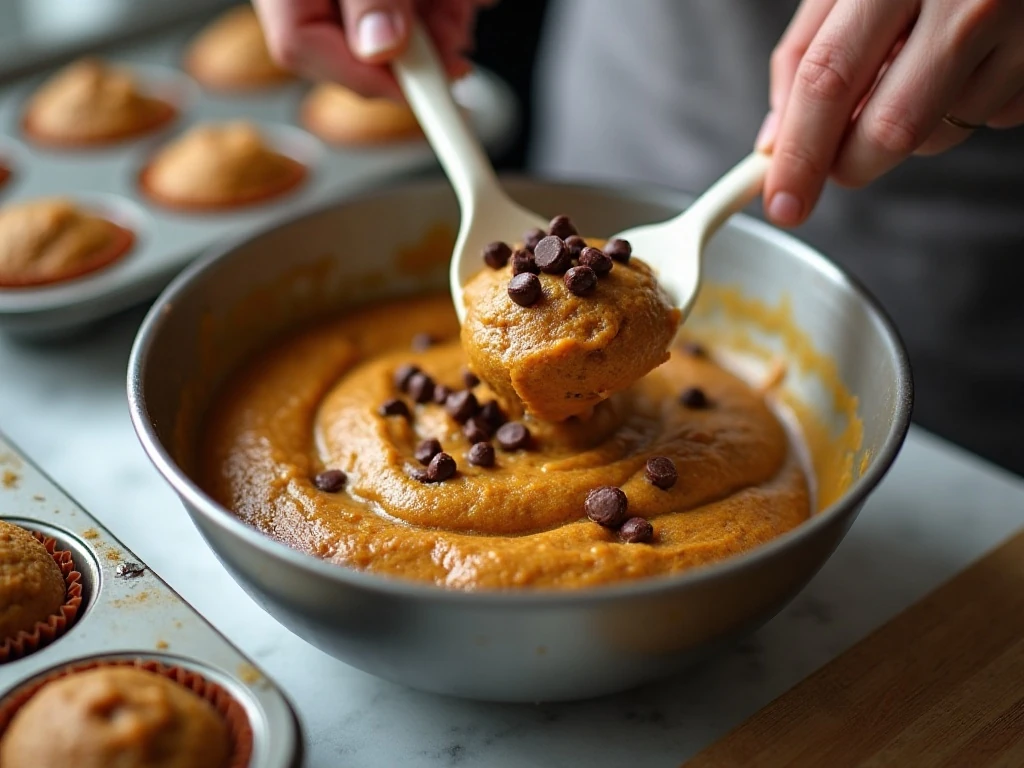 Folding chocolate chips into pumpkin muffin batter