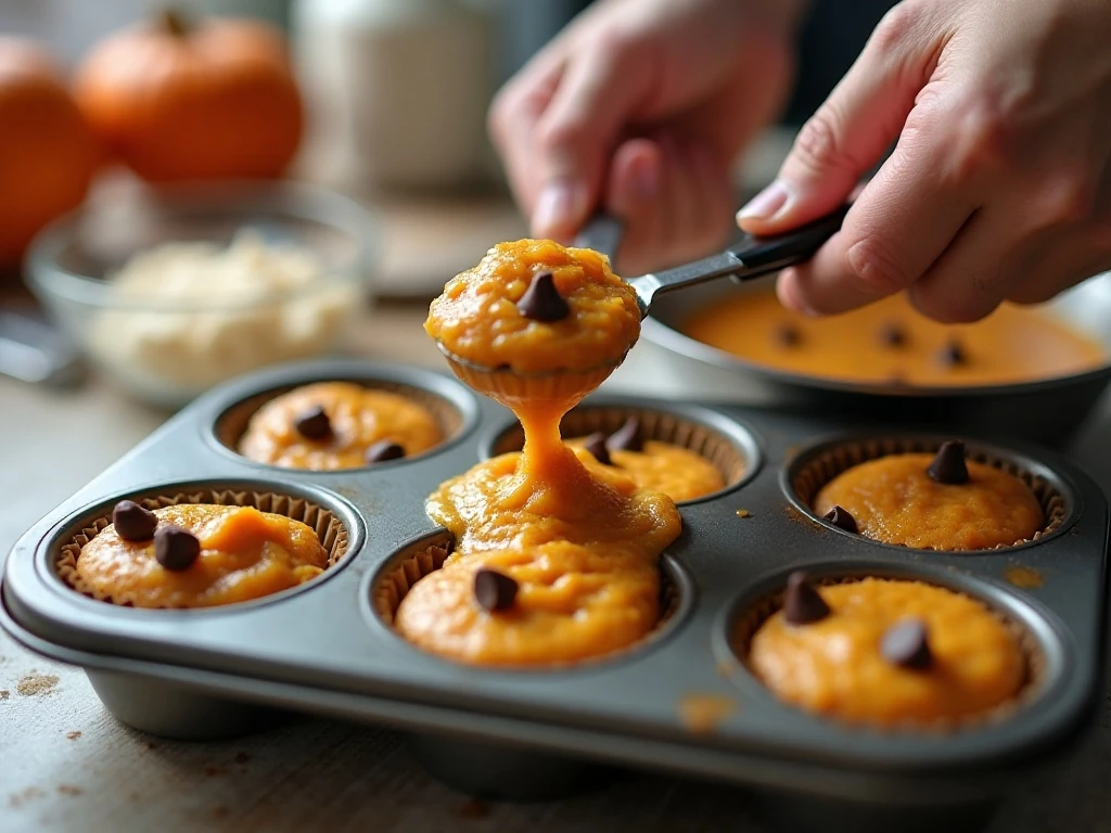Portioning pumpkin chocolate chip batter into a mini muffin pan