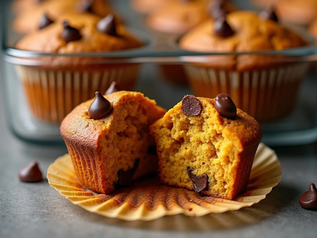 Tender pumpkin mini muffin with melted chocolate chips ready for storage