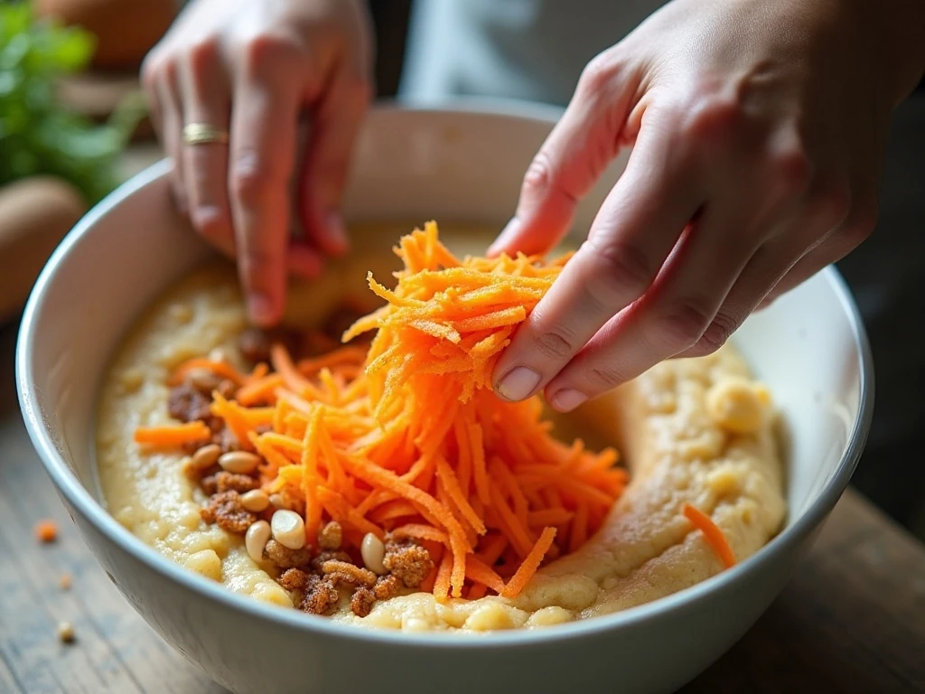 Carrot muffin batter being mixed with grated carrots and nuts