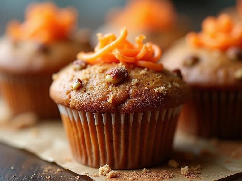 Carrot cake muffin with carrot curls, pecans, and cinnamon