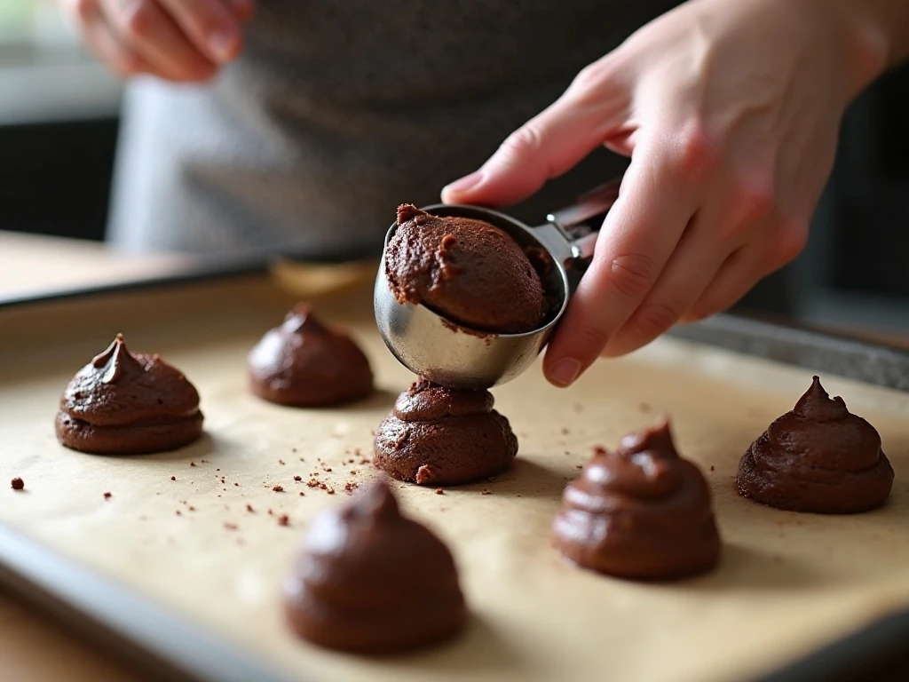 Scooping chocolate whoopie pie batter onto a parchment-lined baking sheet