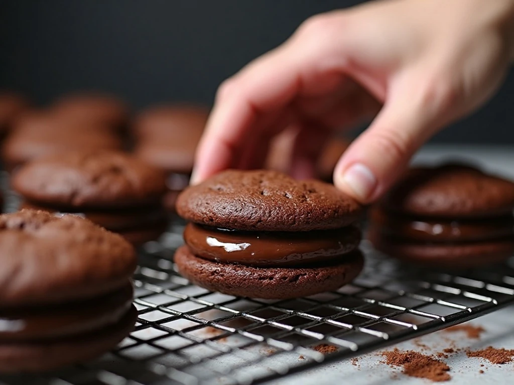 Soft chocolate whoopie pie cakes cooling on a wire rack