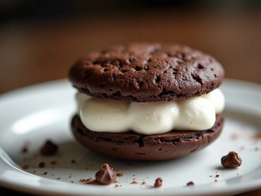 Close-up of marshmallow filling inside a chocolate whoopie pie