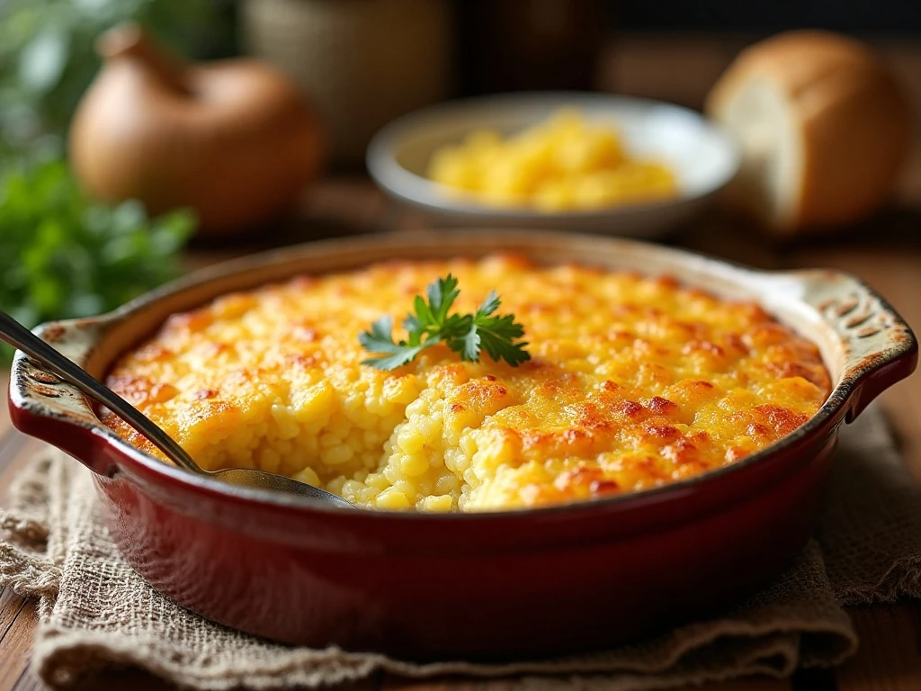 Golden scalloped corn casserole served in a baking dish