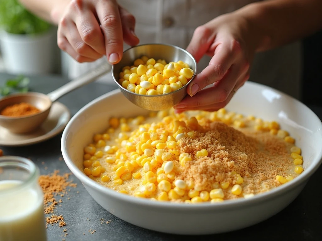Mixing the scalloped corn casserole ingredients
