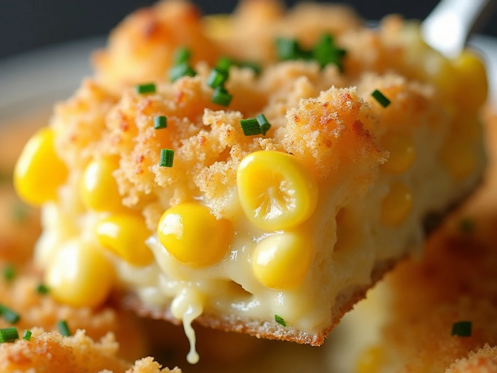 Close-up of creamy corn casserole with a crisp cracker topping